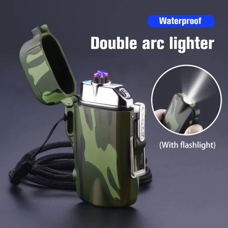 Outdoor Dual Plasma Arc Lighter With Flashlight Waterproof USB Electric Cigarette Lighter Hiking Starter Turbo lighter Men Gifts