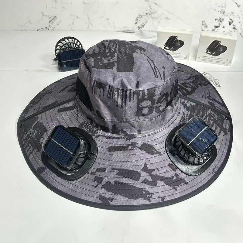 Solar fan hat: wide - brim bucket hat with 2 solar fans, men’s summer cap for outdoor fishing, camping, hiking.