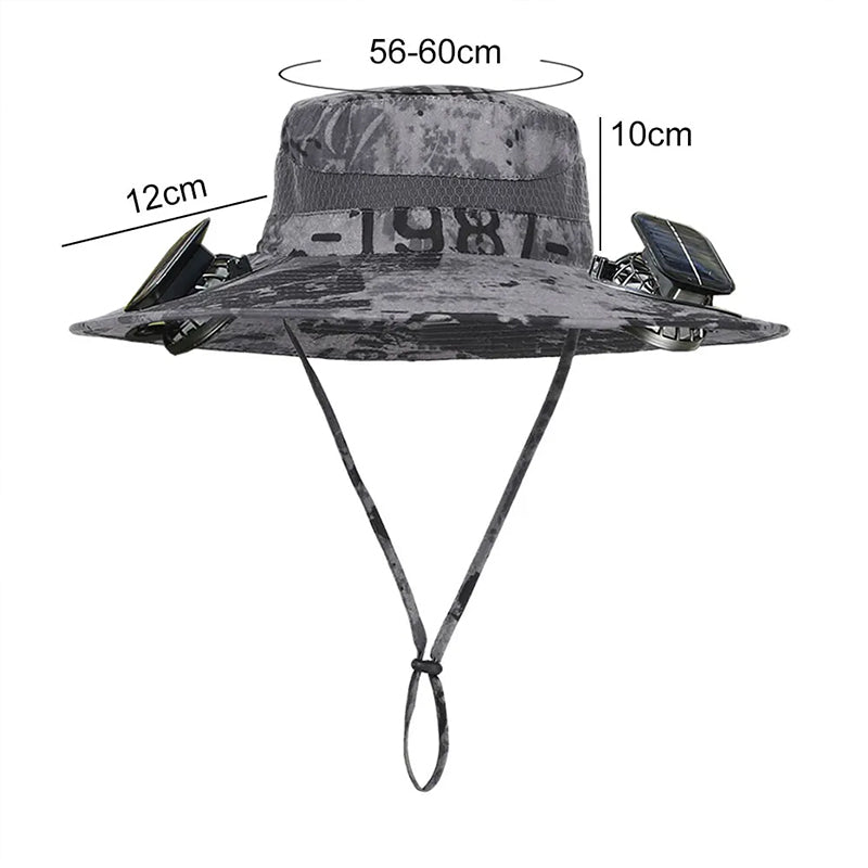 Solar fan hat: wide - brim bucket hat with 2 solar fans, men’s summer cap for outdoor fishing, camping, hiking.