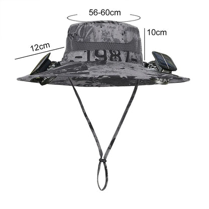 Solar fan hat: wide - brim bucket hat with 2 solar fans, men’s summer cap for outdoor fishing, camping, hiking.