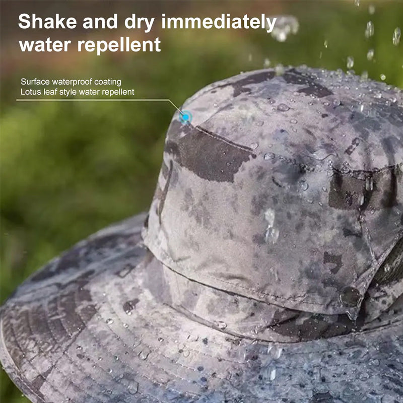 Solar fan hat: wide - brim bucket hat with 2 solar fans, men’s summer cap for outdoor fishing, camping, hiking.