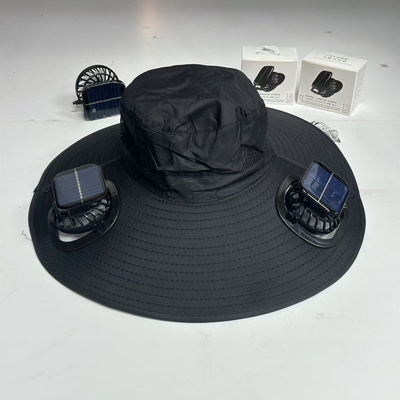 Solar fan hat: wide - brim bucket hat with 2 solar fans, men’s summer cap for outdoor fishing, camping, hiking.