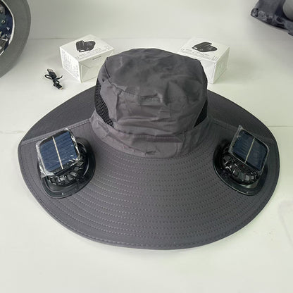 Solar fan hat: wide - brim bucket hat with 2 solar fans, men’s summer cap for outdoor fishing, camping, hiking.