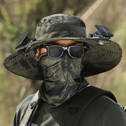 Solar fan hat: wide - brim bucket hat with 2 solar fans, men’s summer cap for outdoor fishing, camping, hiking.
